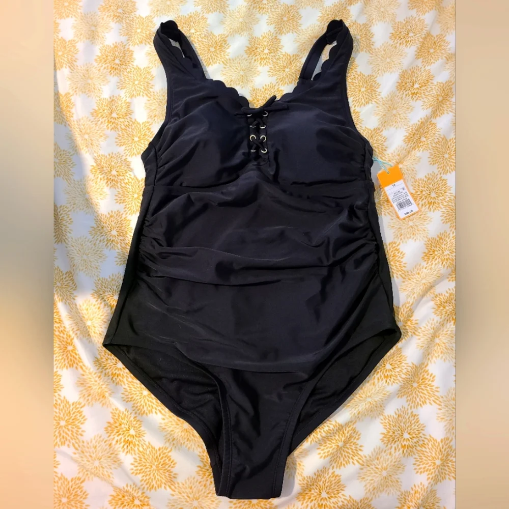 Kona  sol black scalloped edge faux lace front one piece swim suit